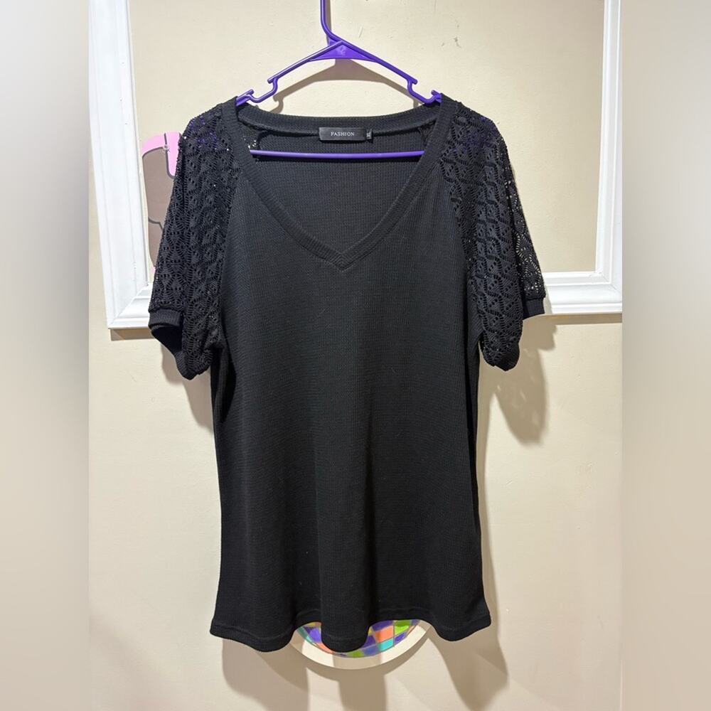 Elegant Black Lace Sleeve V-Neck Tee